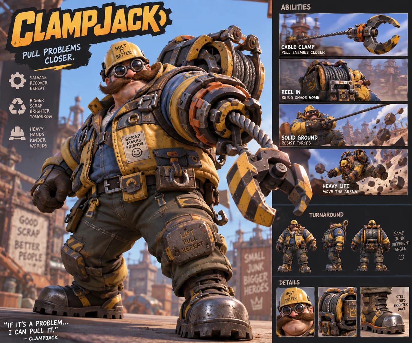 Clampjack character sheet: hero pose, concept abilities, turnaround and detail callouts
