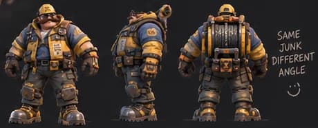 Clampjack turnaround: front, three-quarter and back views
