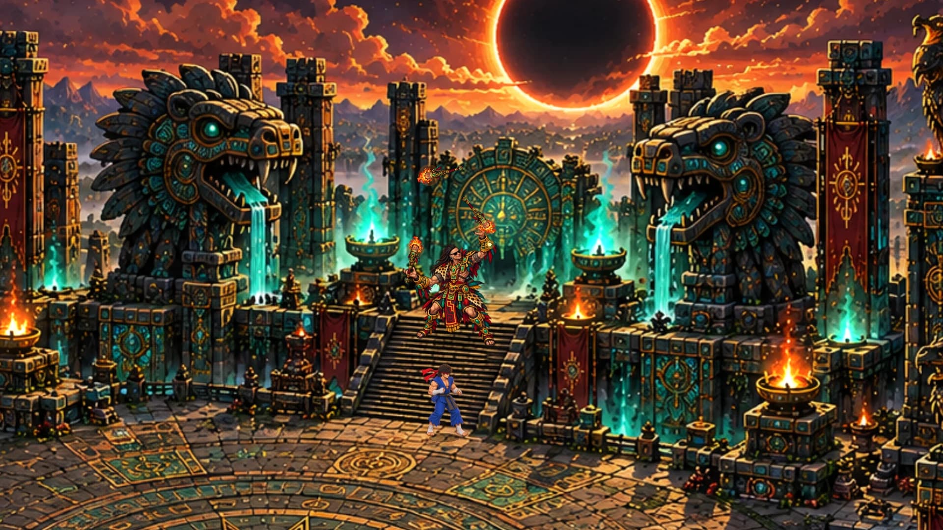 A martial artist faces a temple guardian beneath a blazing eclipse