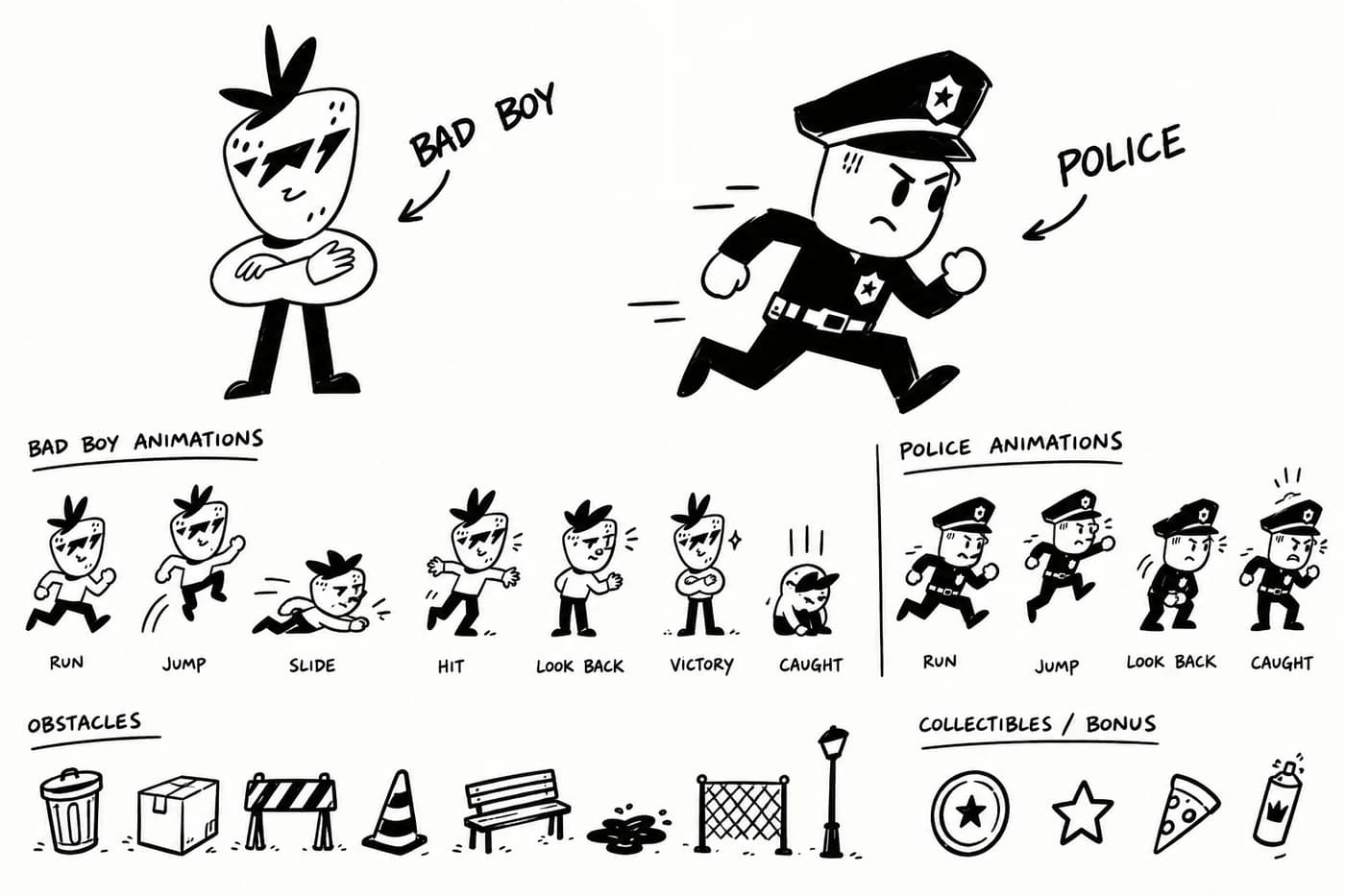 Bad Boy Run character sheet with runner and police poses, street obstacles, and collectibles