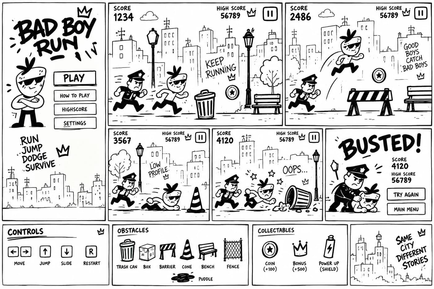 Bad Boy Run concept board showing the menu, city chase, obstacles, collectibles, and busted screen
