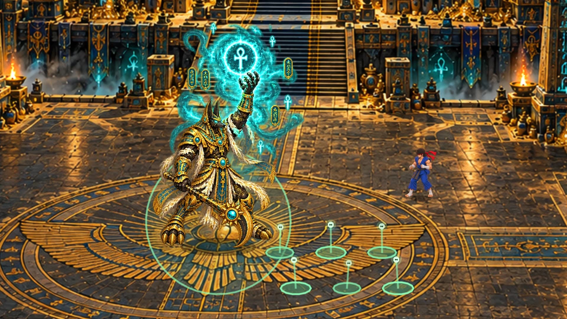 Anubis summoning turquoise energy in a golden temple