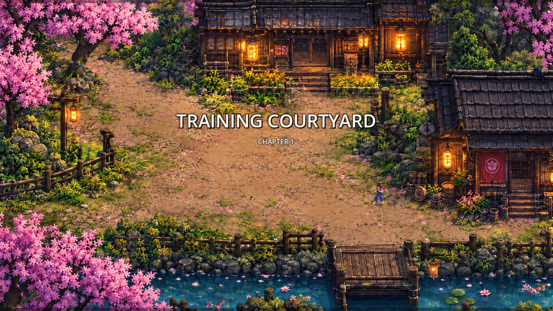 Lanterns and cherry blossoms around the training courtyard