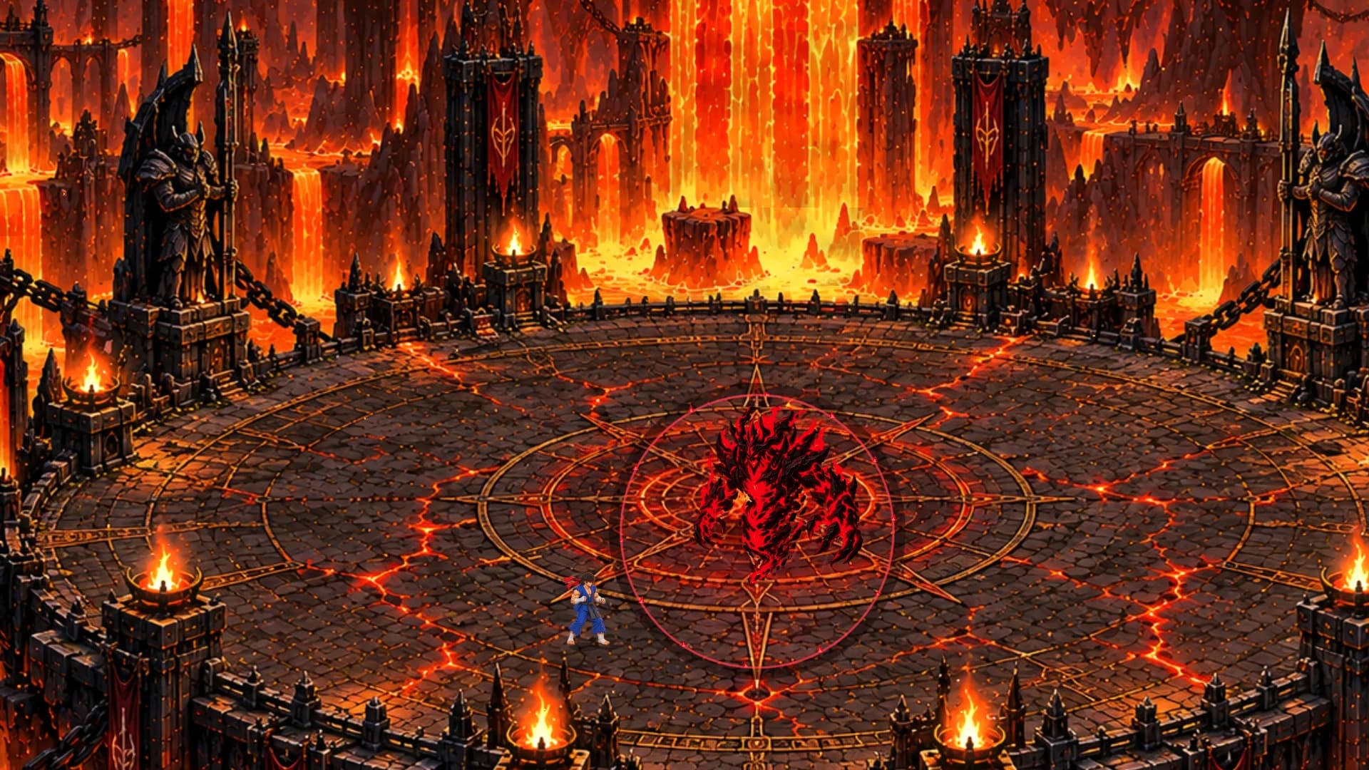 Firelord confrontation in a lava-filled arena