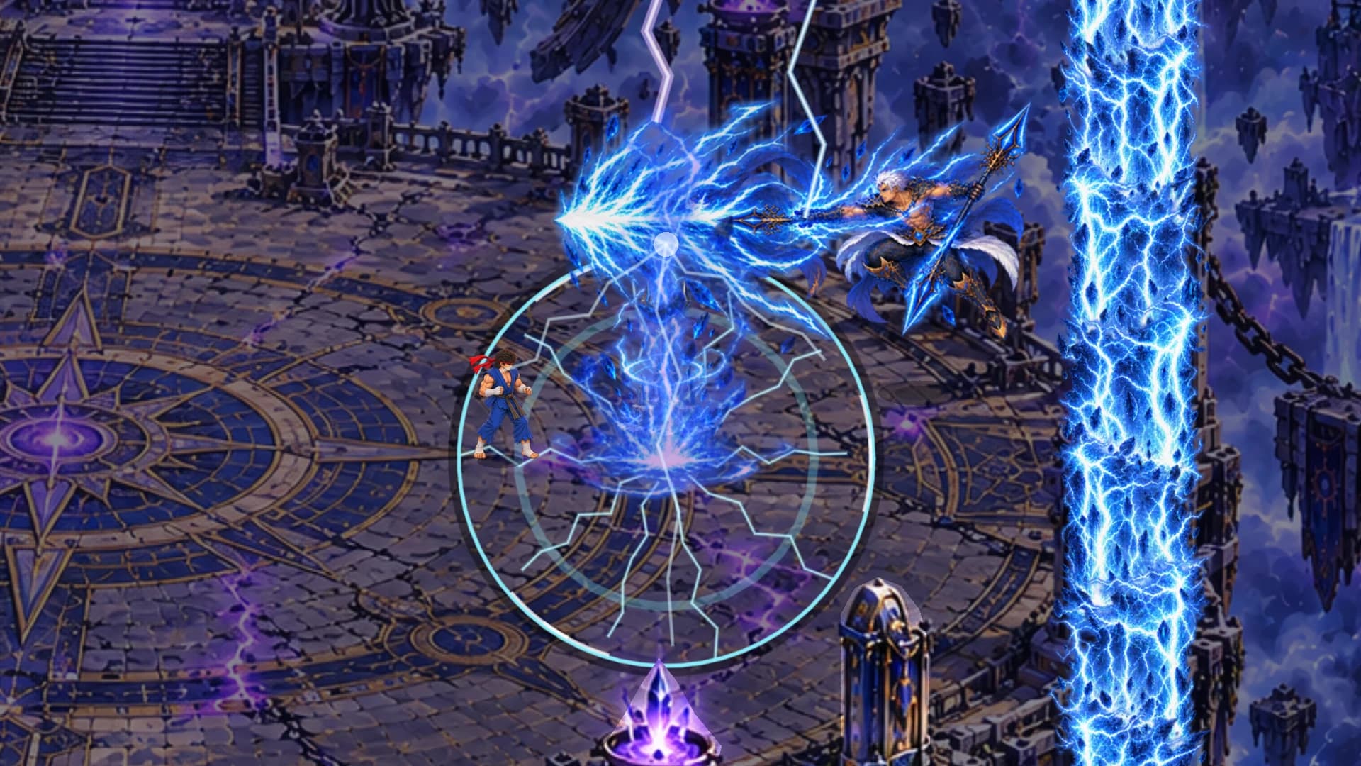 An electrified boss attack crossing a ruined battlefield