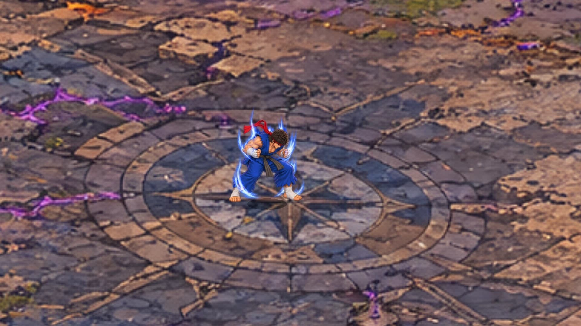 Martial artist gathering blue energy in a stone arena