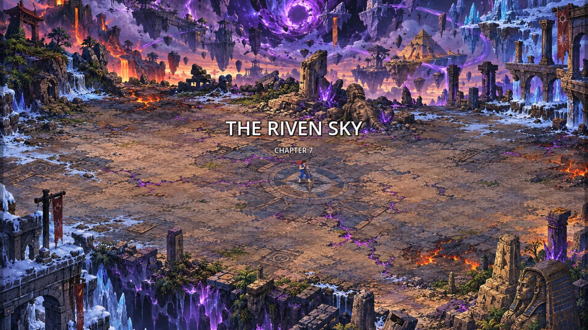 Floating ruins beneath a fractured violet sky