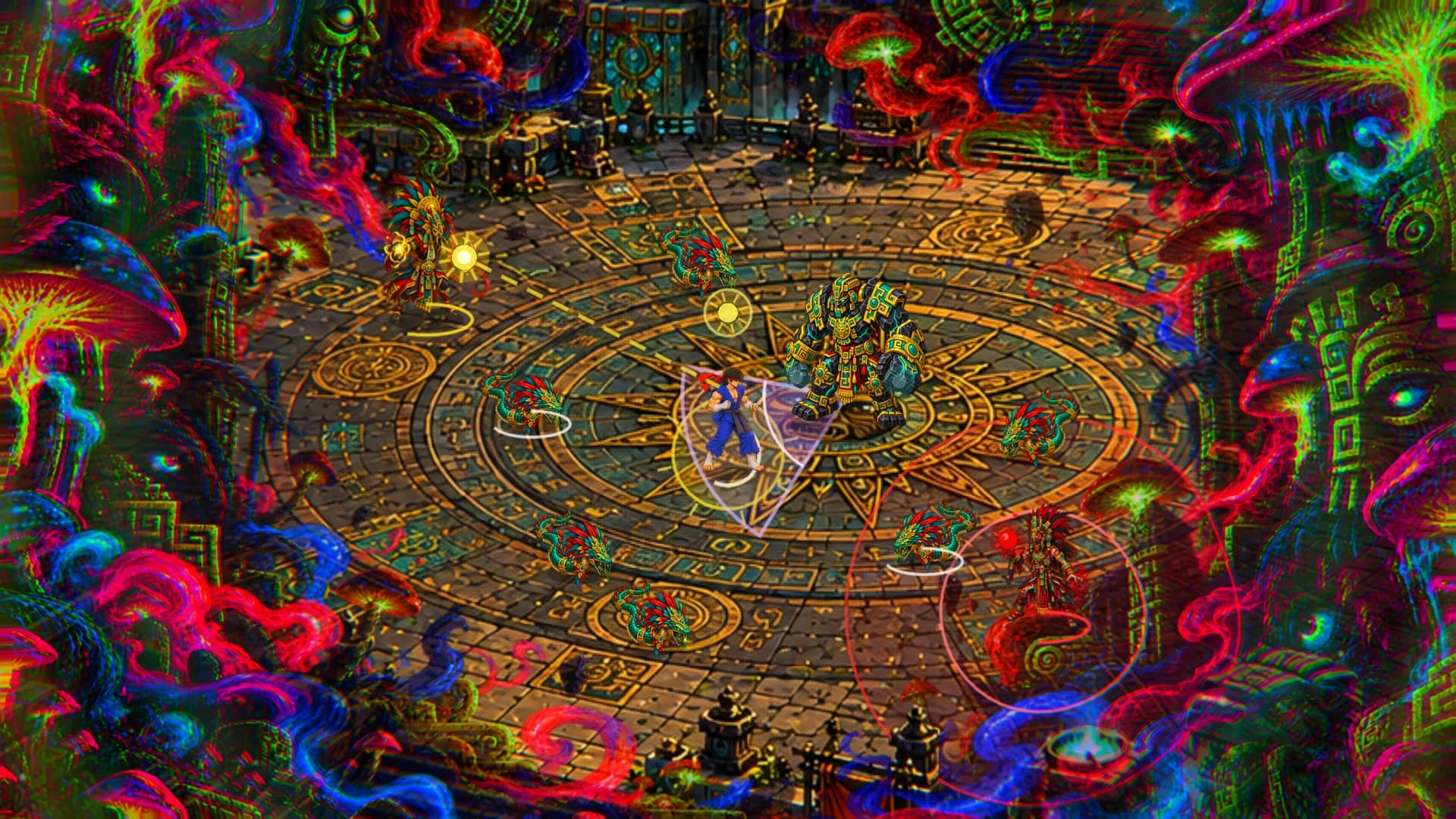 Martial artist surrounded by enemies and vivid spectral shapes