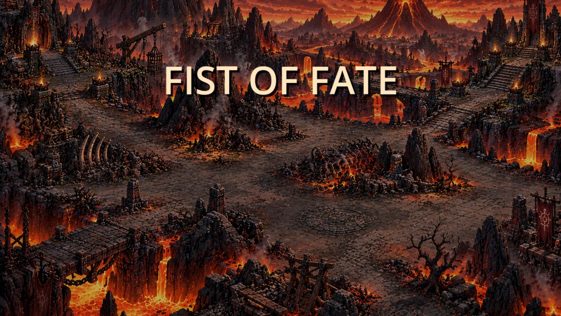 Fist of Fate title over a pixel-art volcanic stronghold