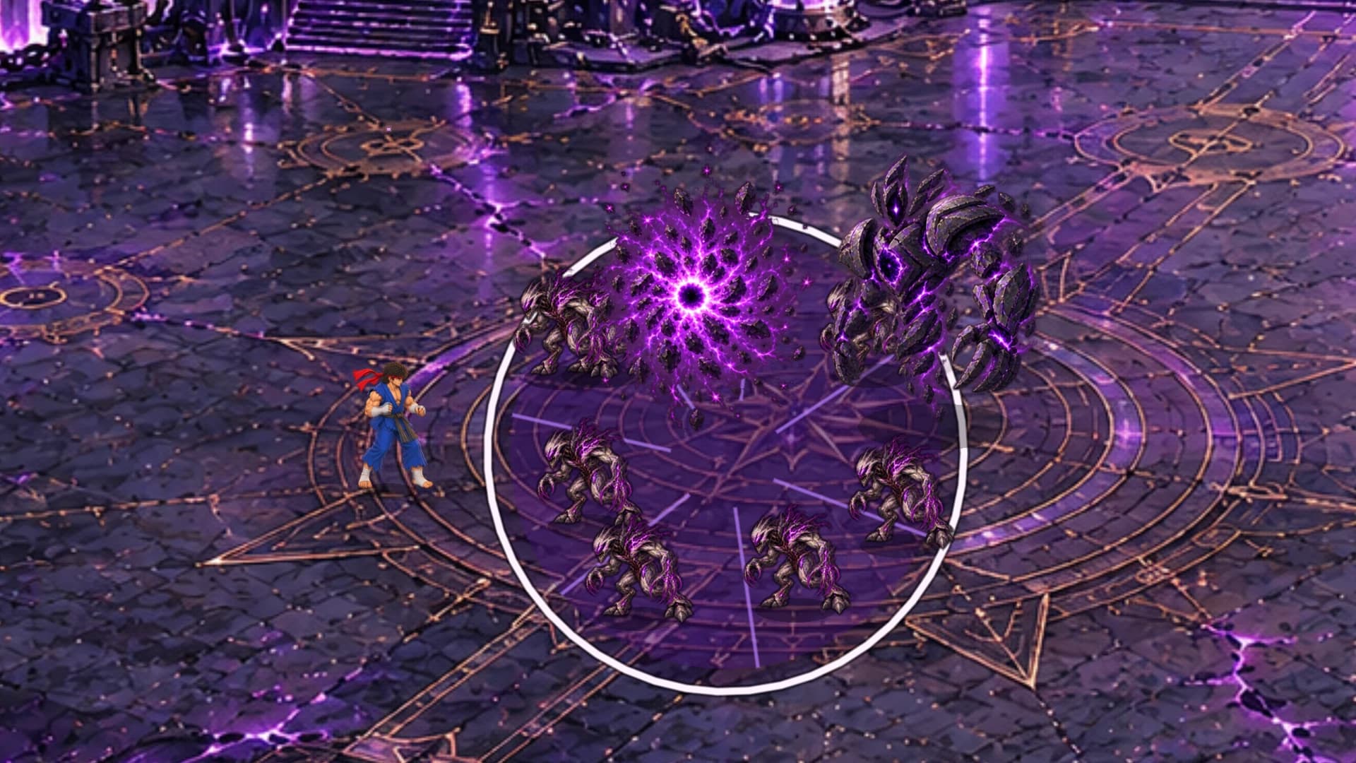 Violet implosion and creatures surrounding the fighter