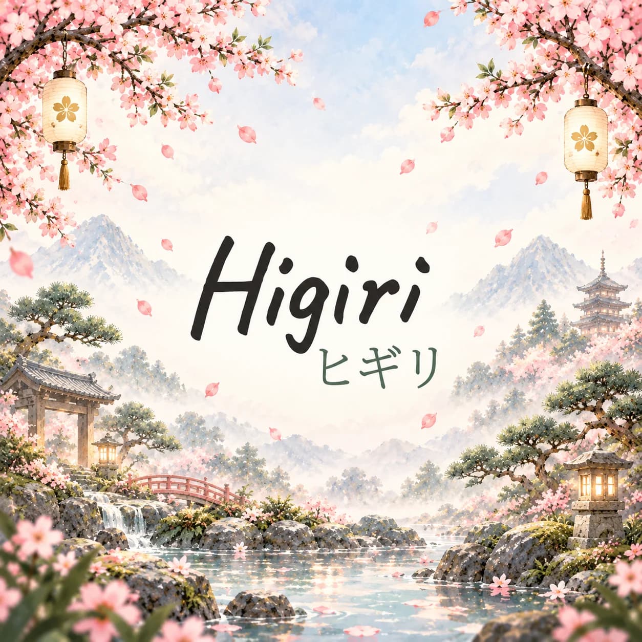 Higiri's watercolor garden, framed by cherry blossoms and glowing lanterns