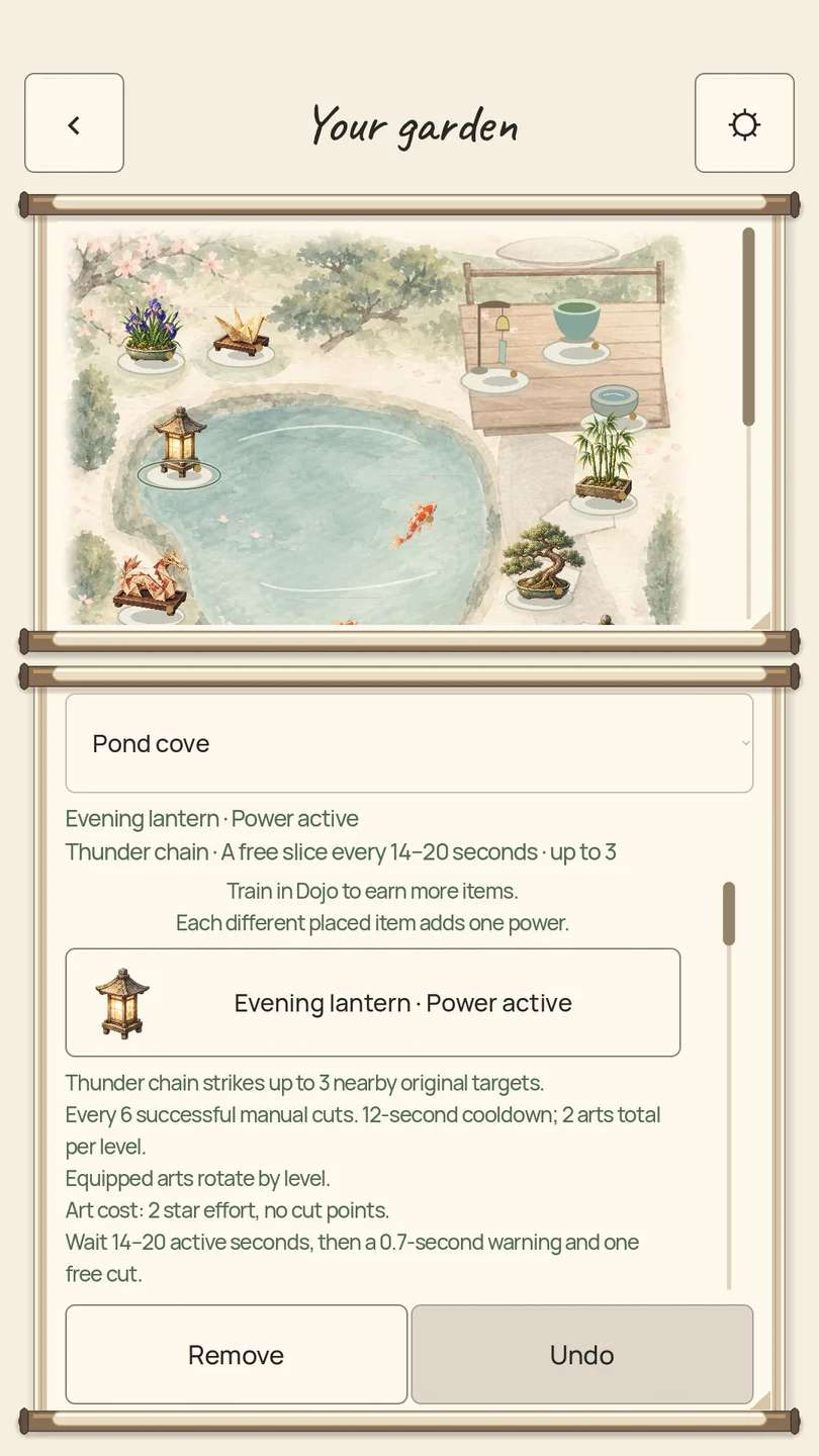 Garden arrangement with a pond, ornaments, and active campaign powers