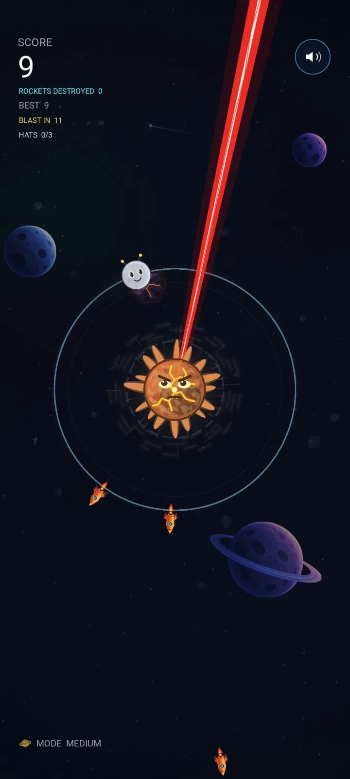 Orbit gameplay with a solar character dodging a red laser beam