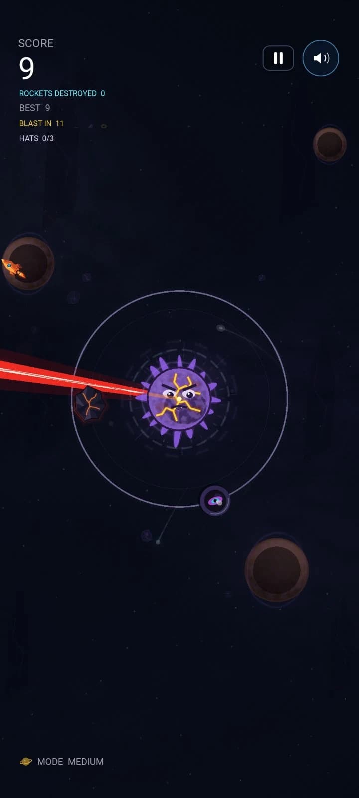 A purple planet firing a laser across the orbit