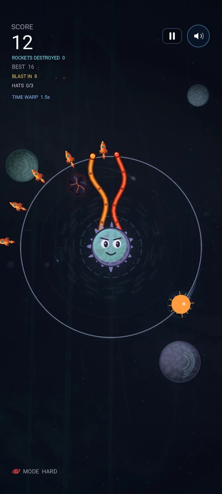 Hard-mode Orbit gameplay with incoming rockets and a time-warp power-up